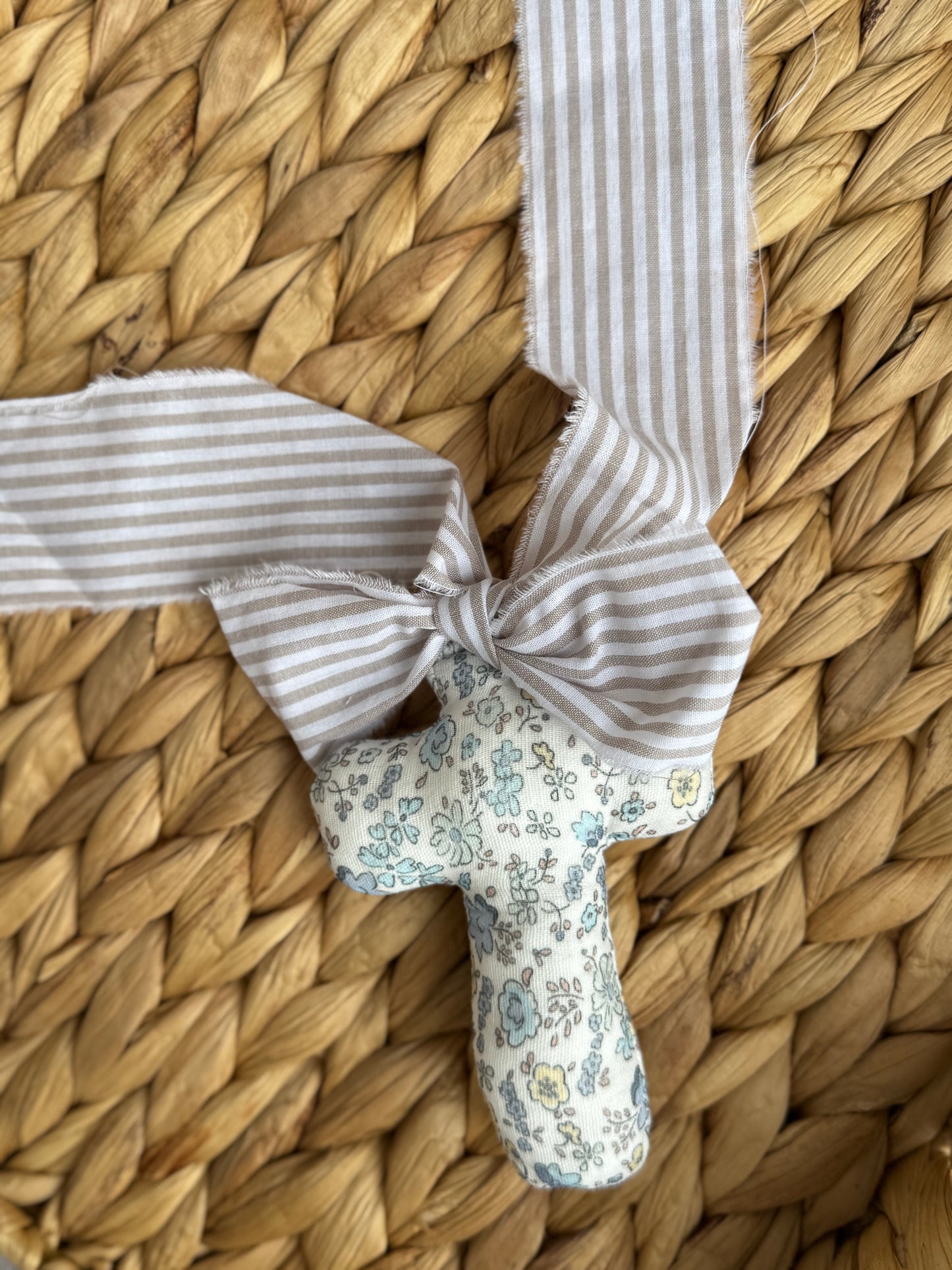 Handmade Floral Fabric Cross with Beige Striped Ribbon