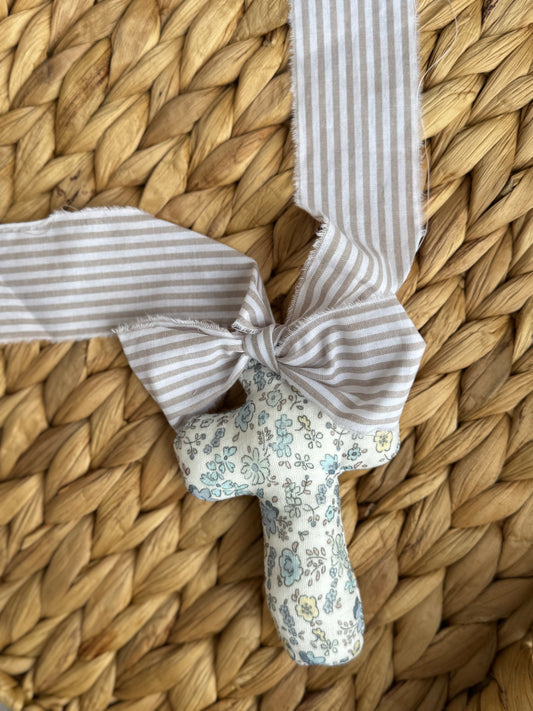 Handmade Floral Fabric Cross with Beige Striped Ribbon