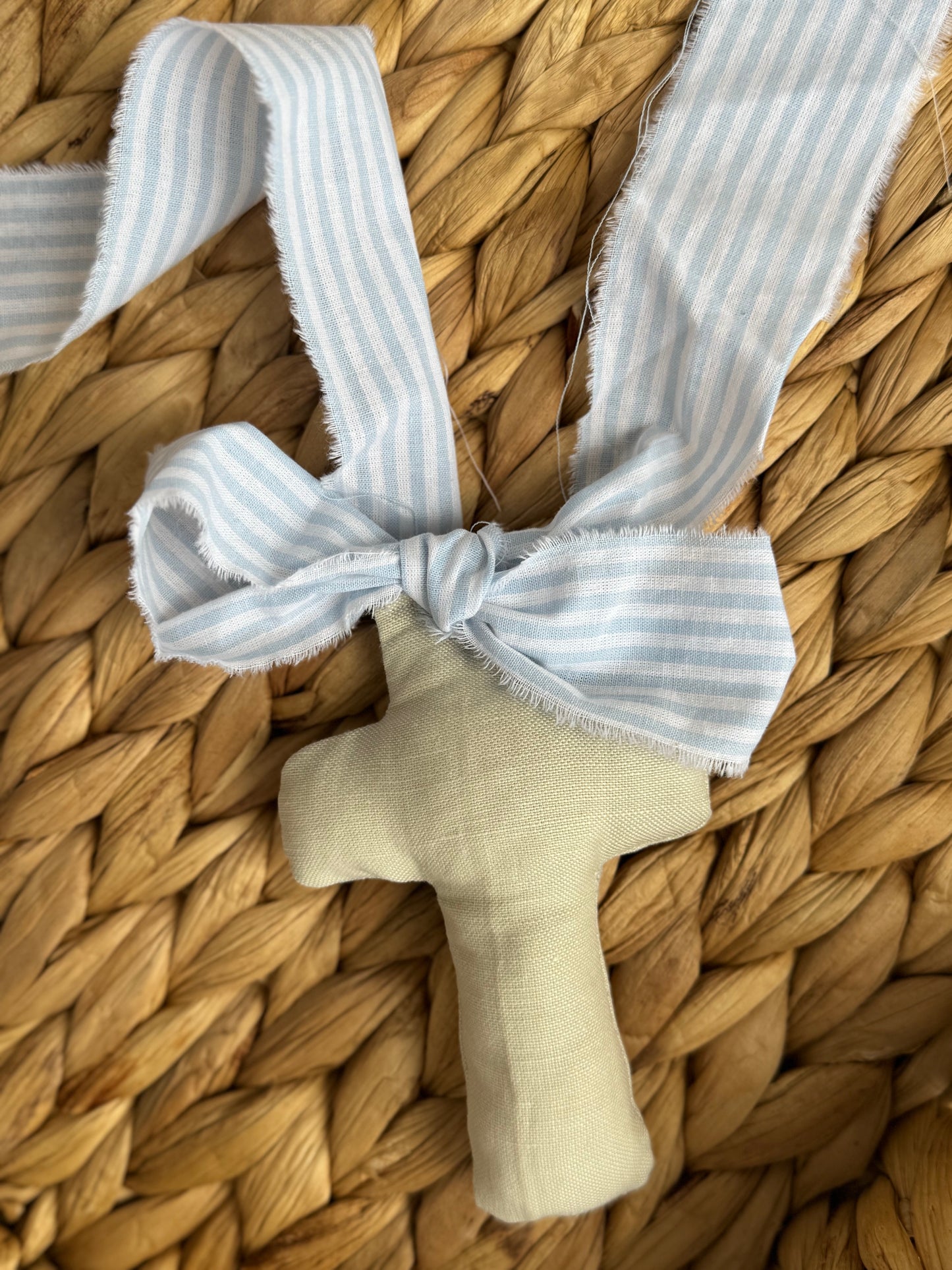 Handmade Linen Cross with Blue Stripes Ribbon