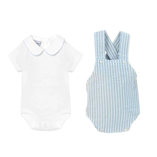 Long Sleeve Blue Pique Collar Set with Romper