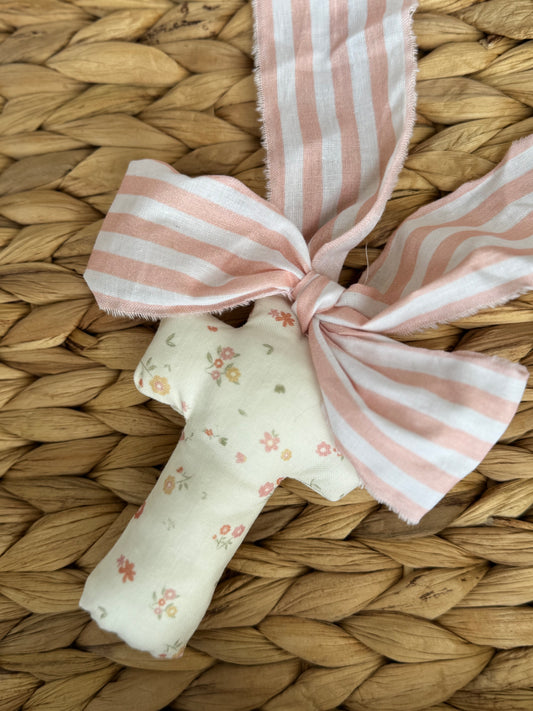 Handmade Floral Fabric Cross with Salmon Striped Ribbon