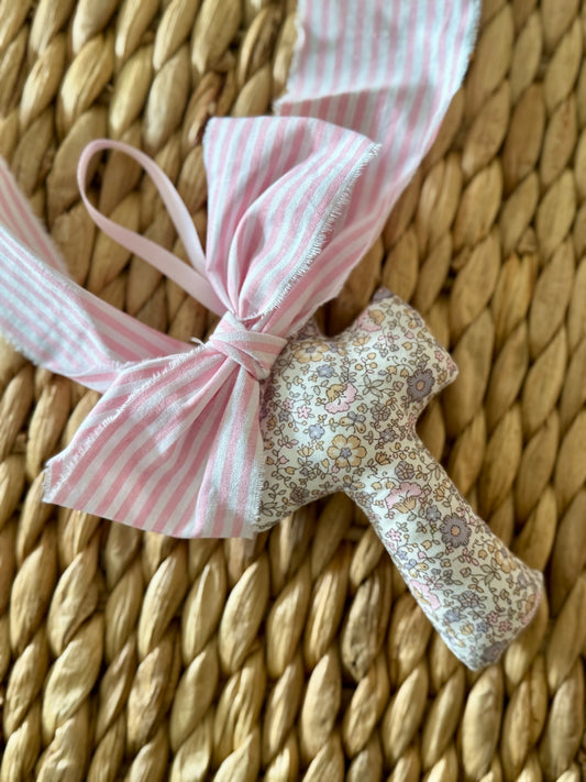 Handmade Floral Cross with Pink Stripes Ribbon