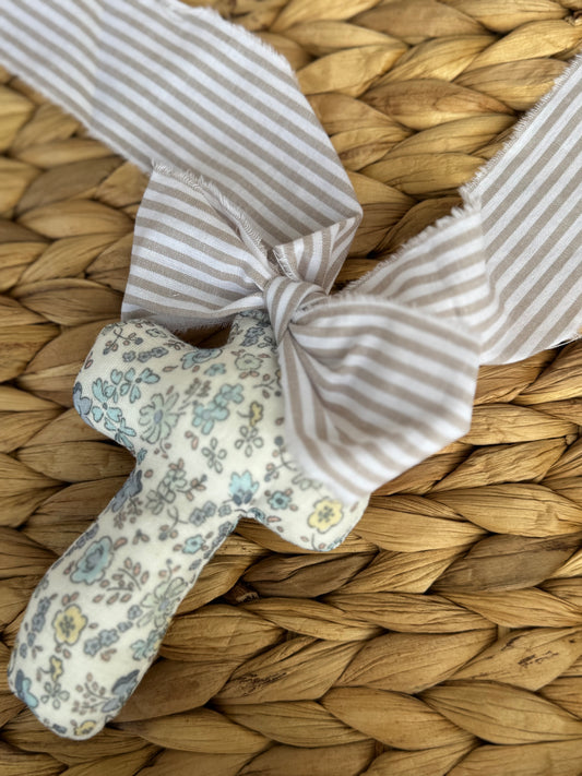 Handmade Floral Fabric Cross with Beige Striped Ribbon