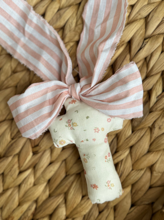 Handmade Floral Fabric Cross with Salmon Striped Ribbon