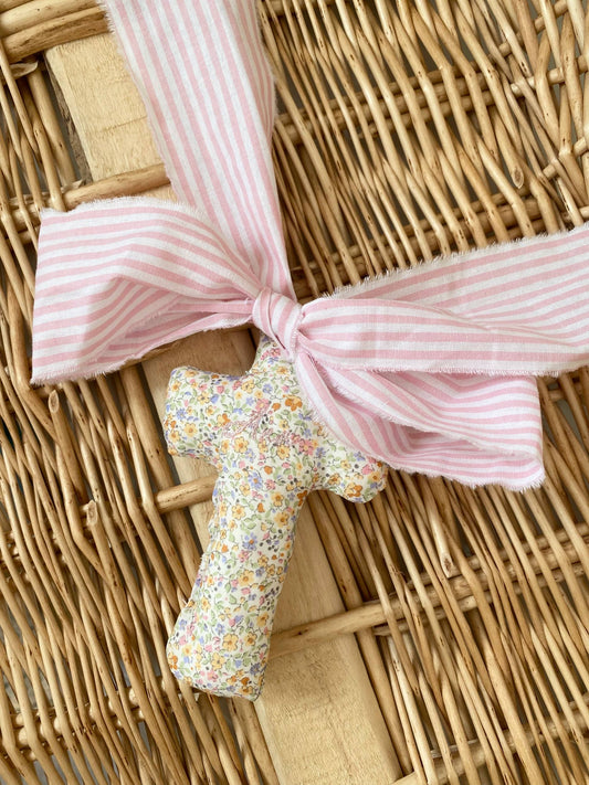 Handmade Floral Fabric Cross with Pink Striped Ribbon