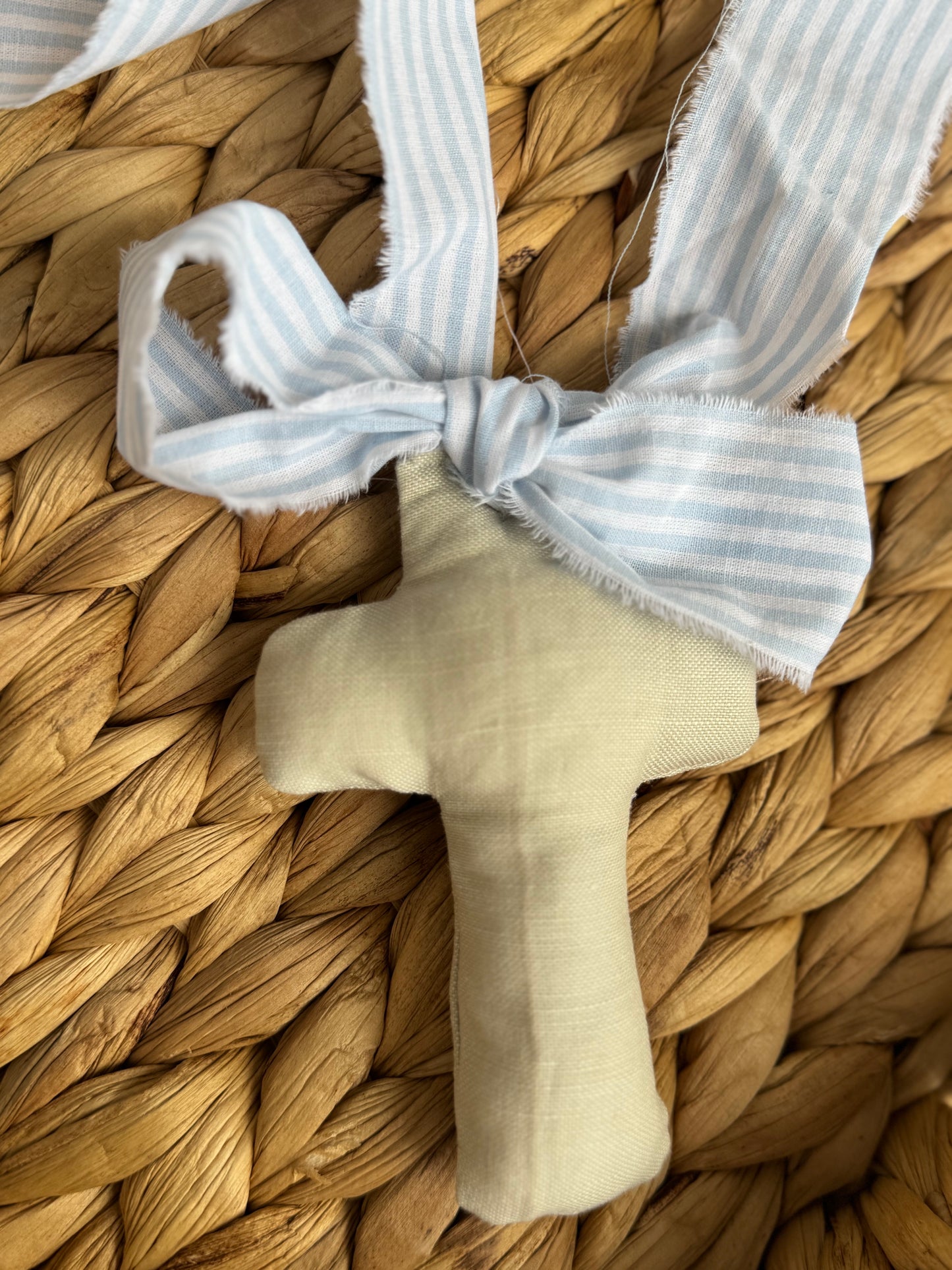 Handmade Linen Cross with Blue Stripes Ribbon