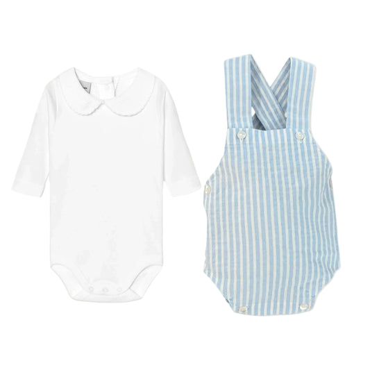 Long Sleeve Blue Pique Collar Set with Romper